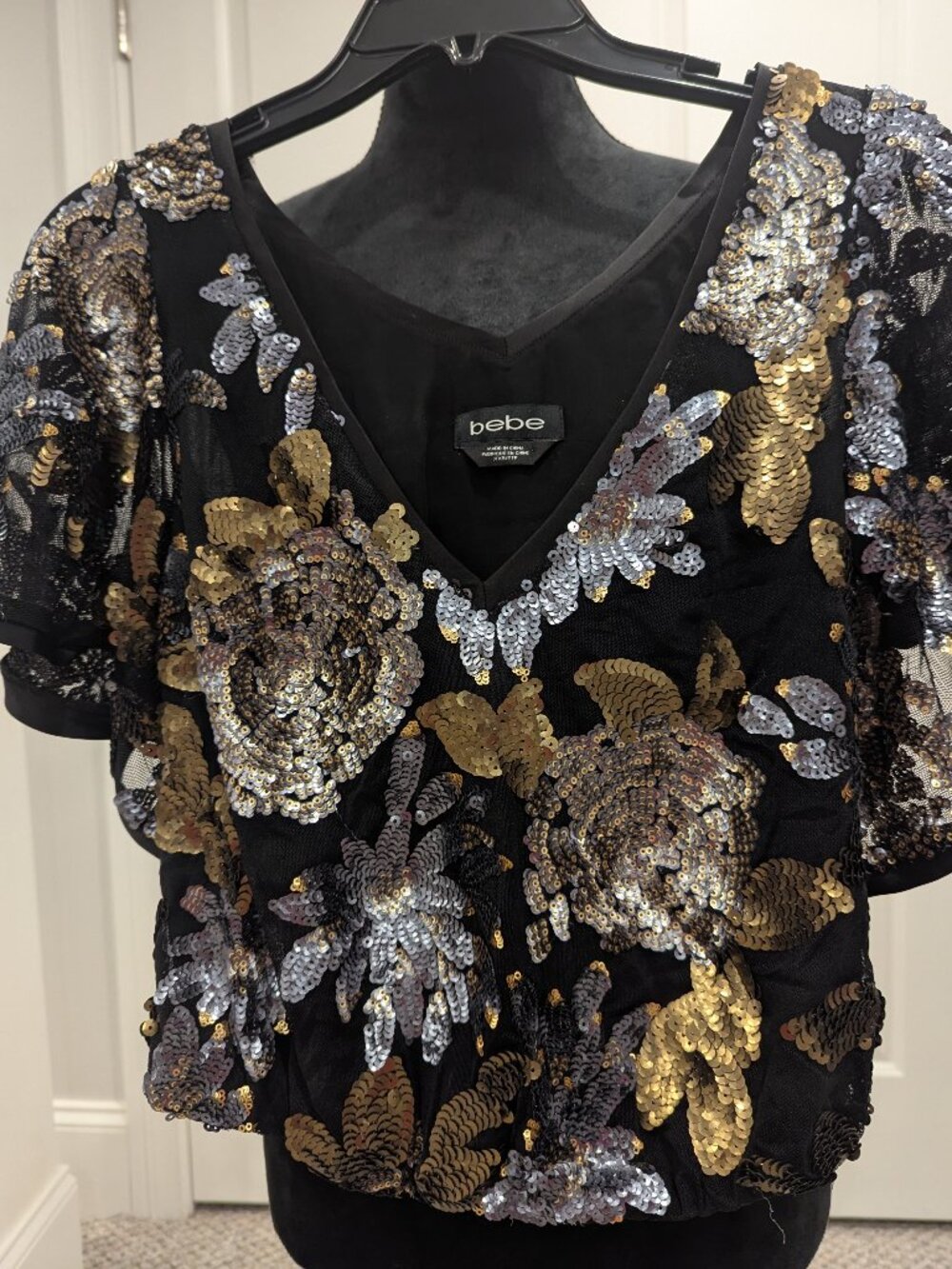 Almost new condition BEBE Black sequin Top Sz XXS